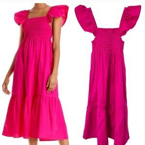 NWT AQUA Smocked Flutter Sleeve Midi Dress Size S Hot Pink Tiered Cotton